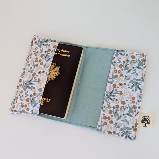 Pochette passeport fleurie bleu