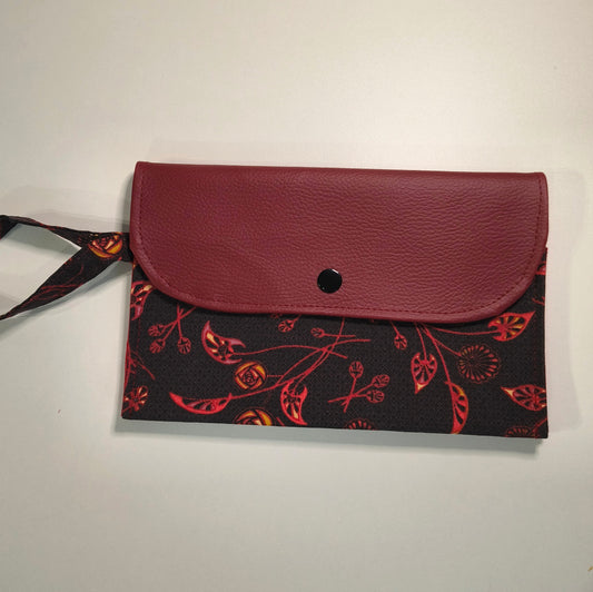 Pochette portefeuille feuilles bordeaux