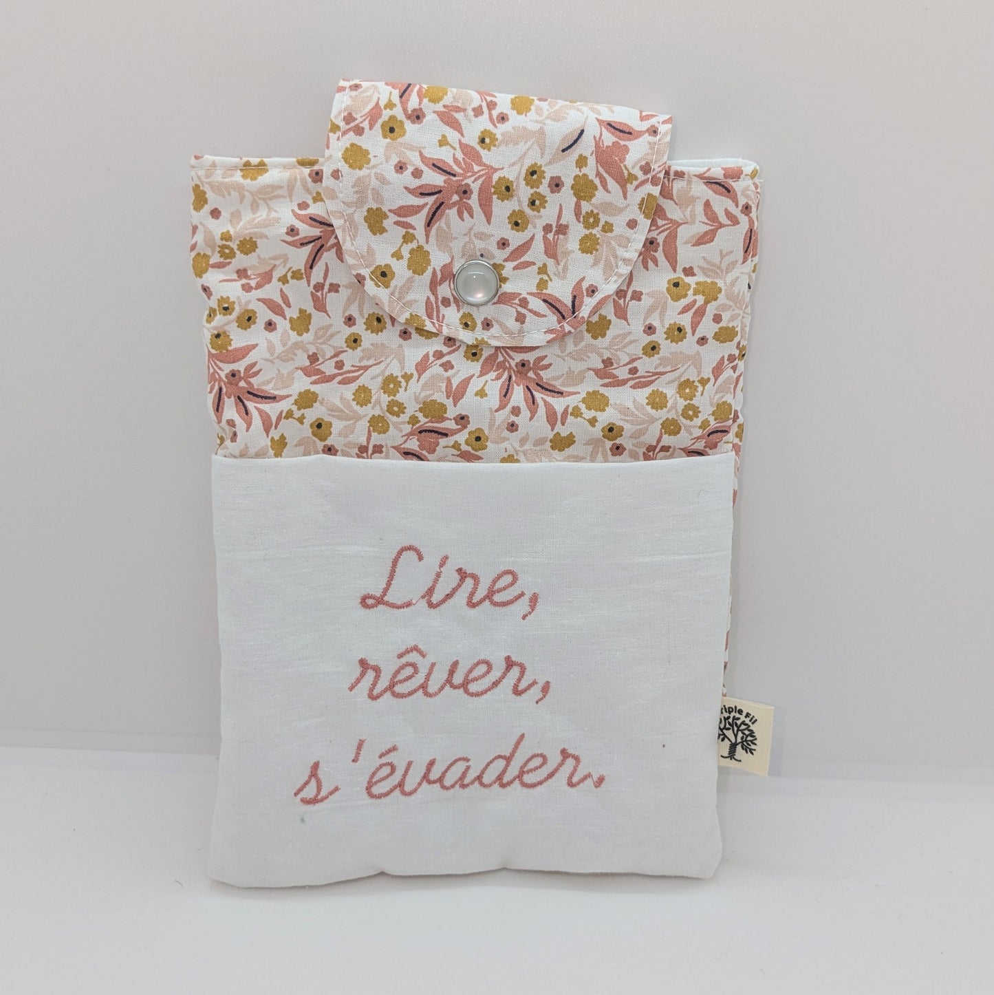 Pochette à livre format poche - fleurie rose/blanc