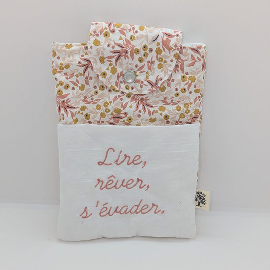 Pochette à livre format poche - fleurie rose/blanc